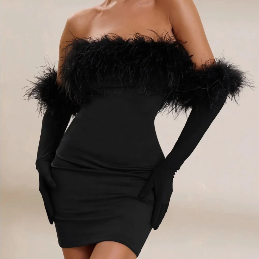 Club L London Black Feather Mini Dress - Picture 2 of 12